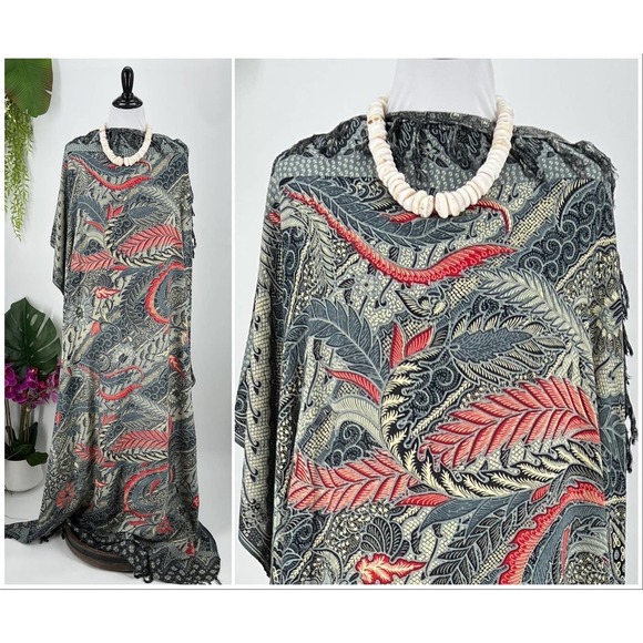 Red Beige Gray Hawaiian Tropical Floral MAXI SARONG Kīkepa Pareo Beach Wrap - Picture 1 of 4